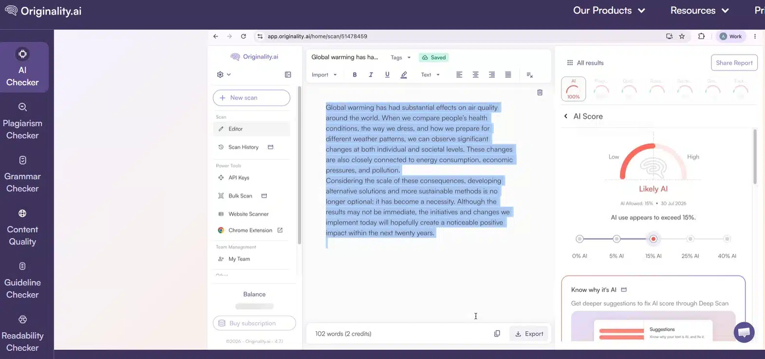 Checking AI Of a Content in Originality AI