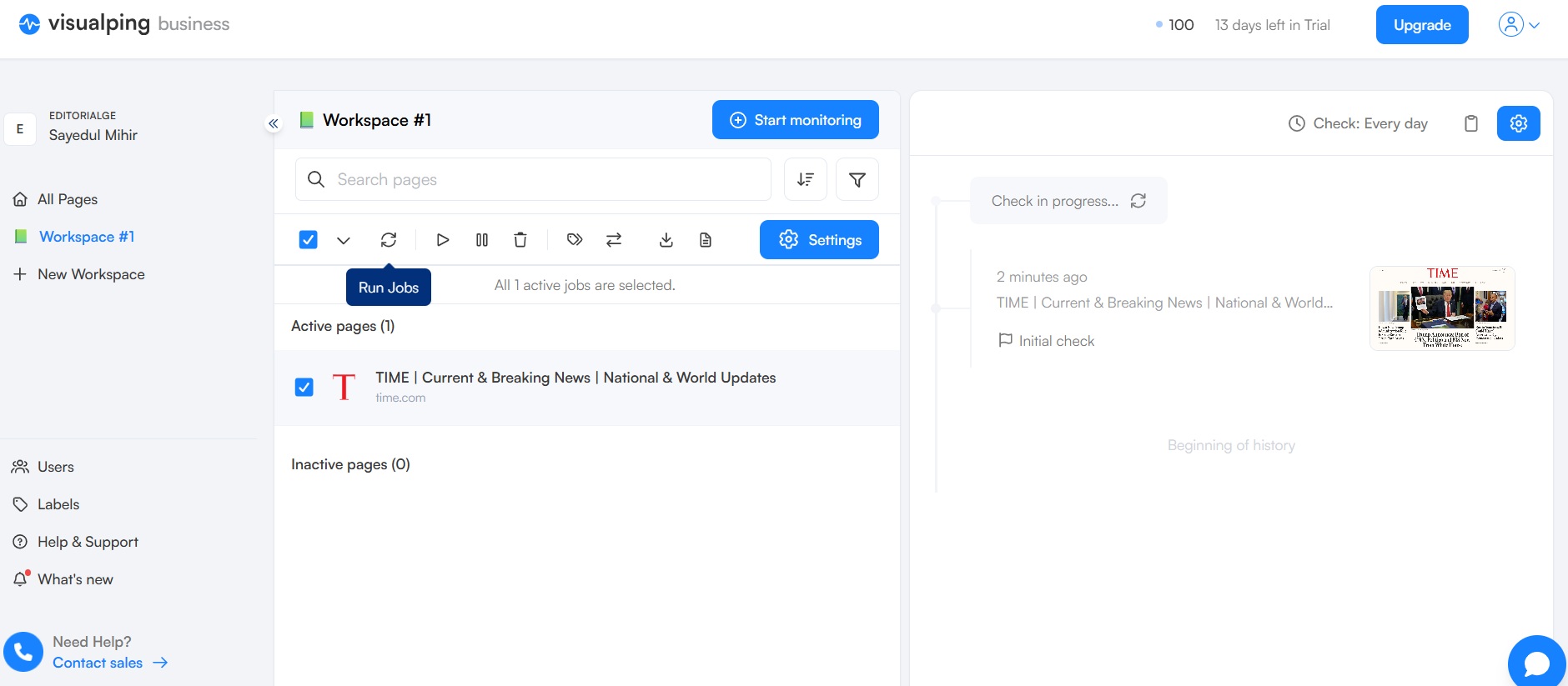 Discovering changes of Time Website through Visualping