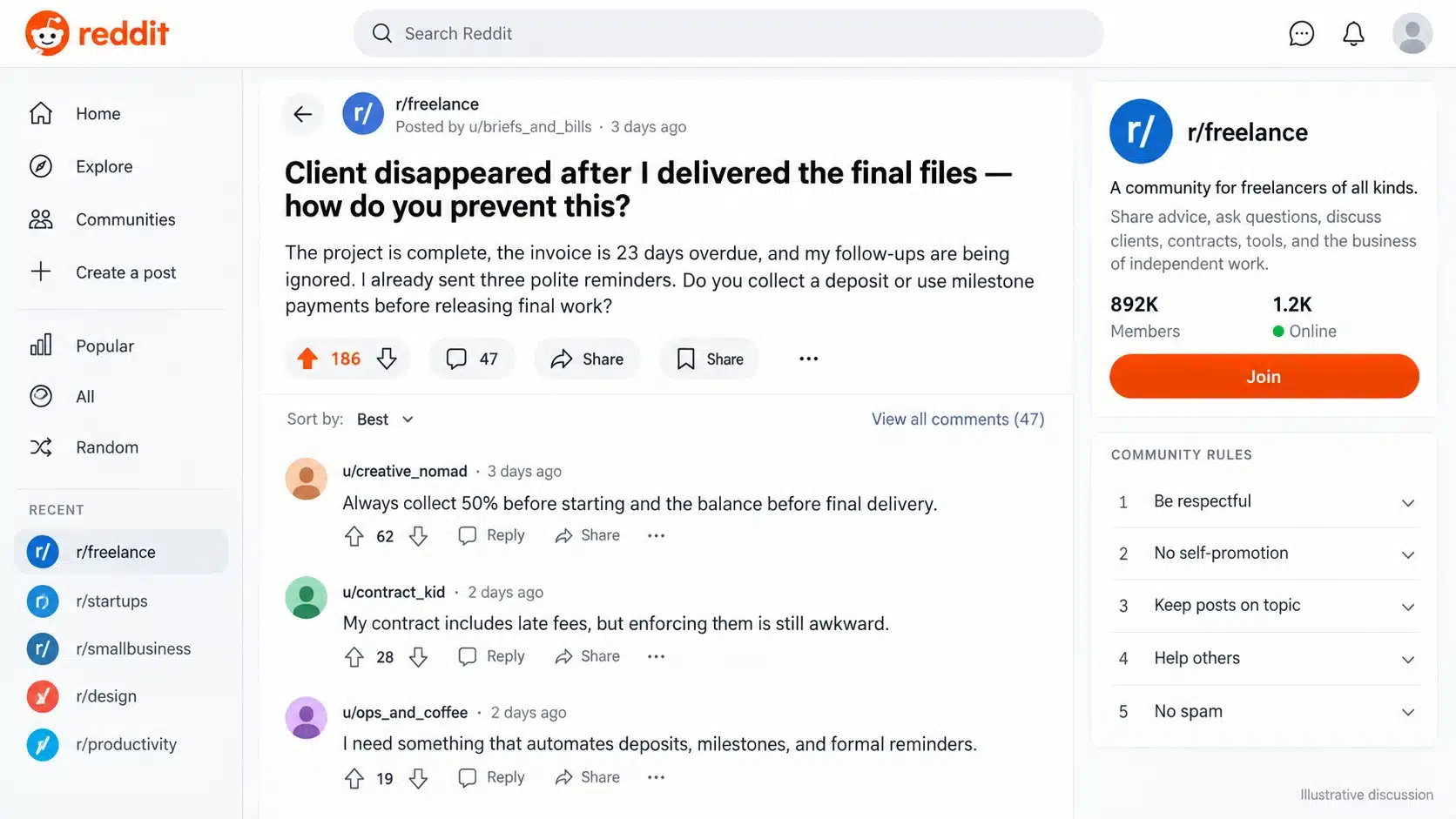 Freelance payment discussion on Reddit thread