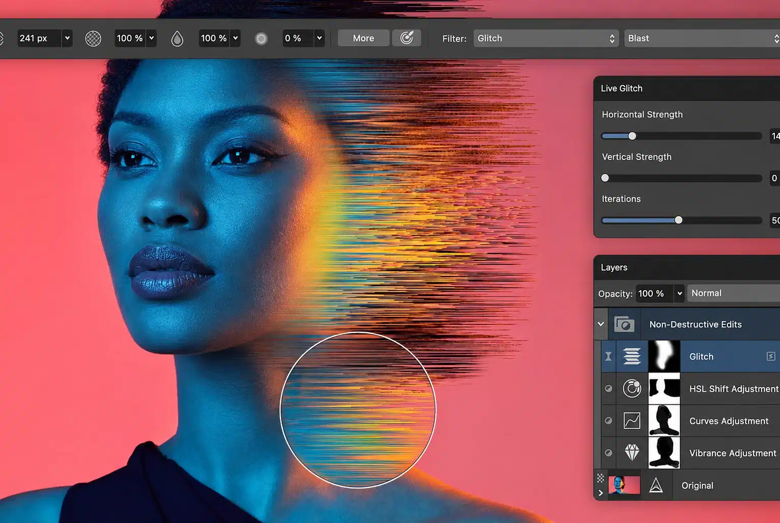 Glitch portrait editing interface in Affinity