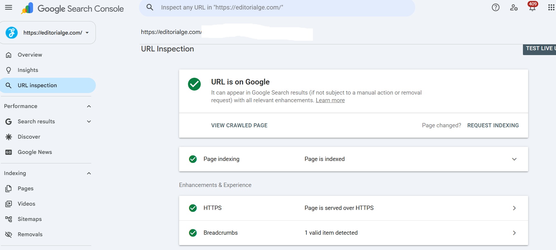 Google search console url inspection