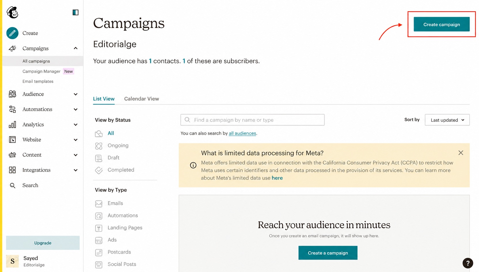 Mailchimp Dashboard of Editorialge