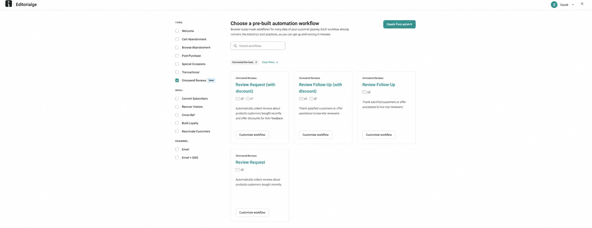 Omnisend Workflow Selection