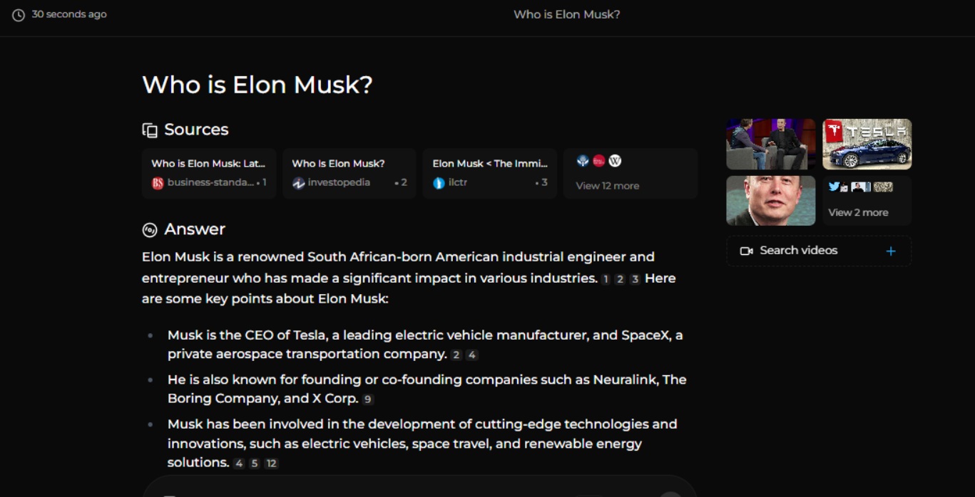 Searching about Elon Musk in Perplexica