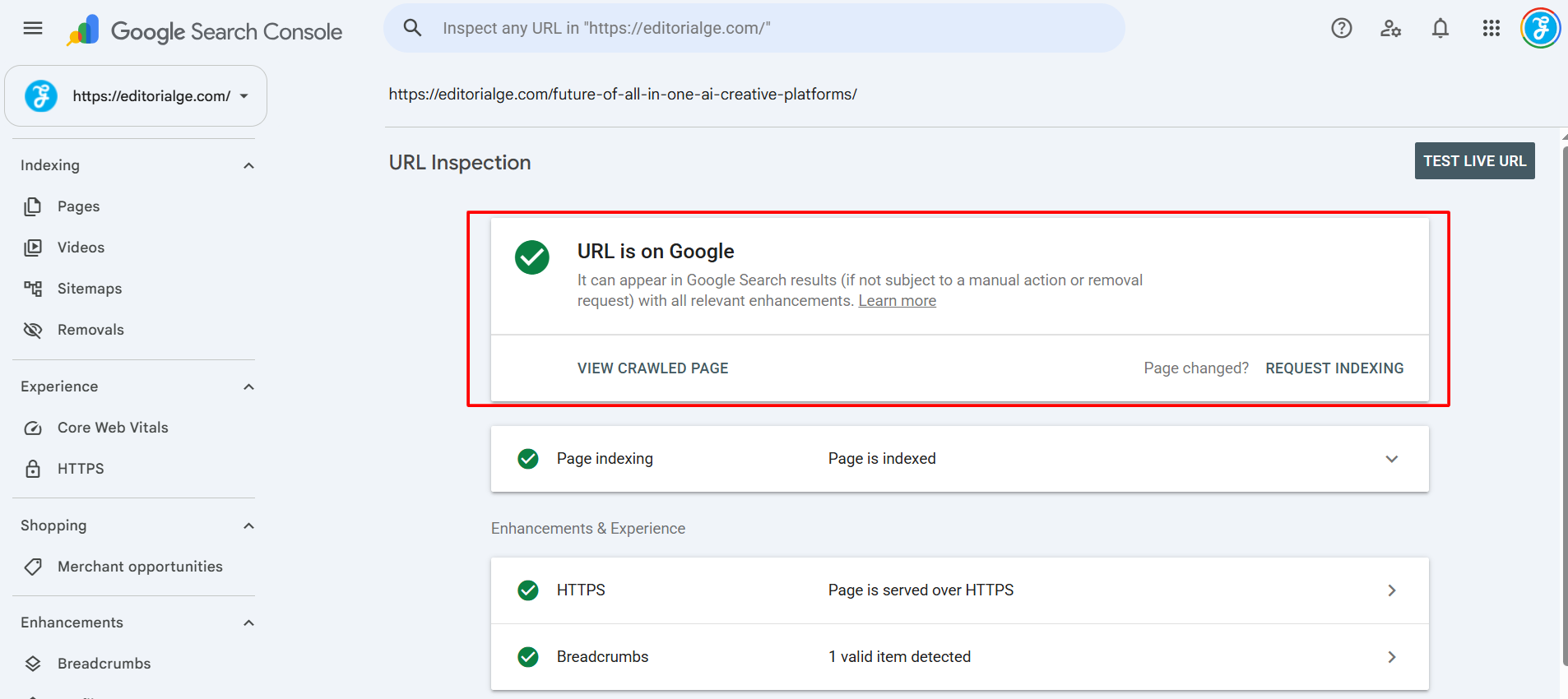 URL is on Google