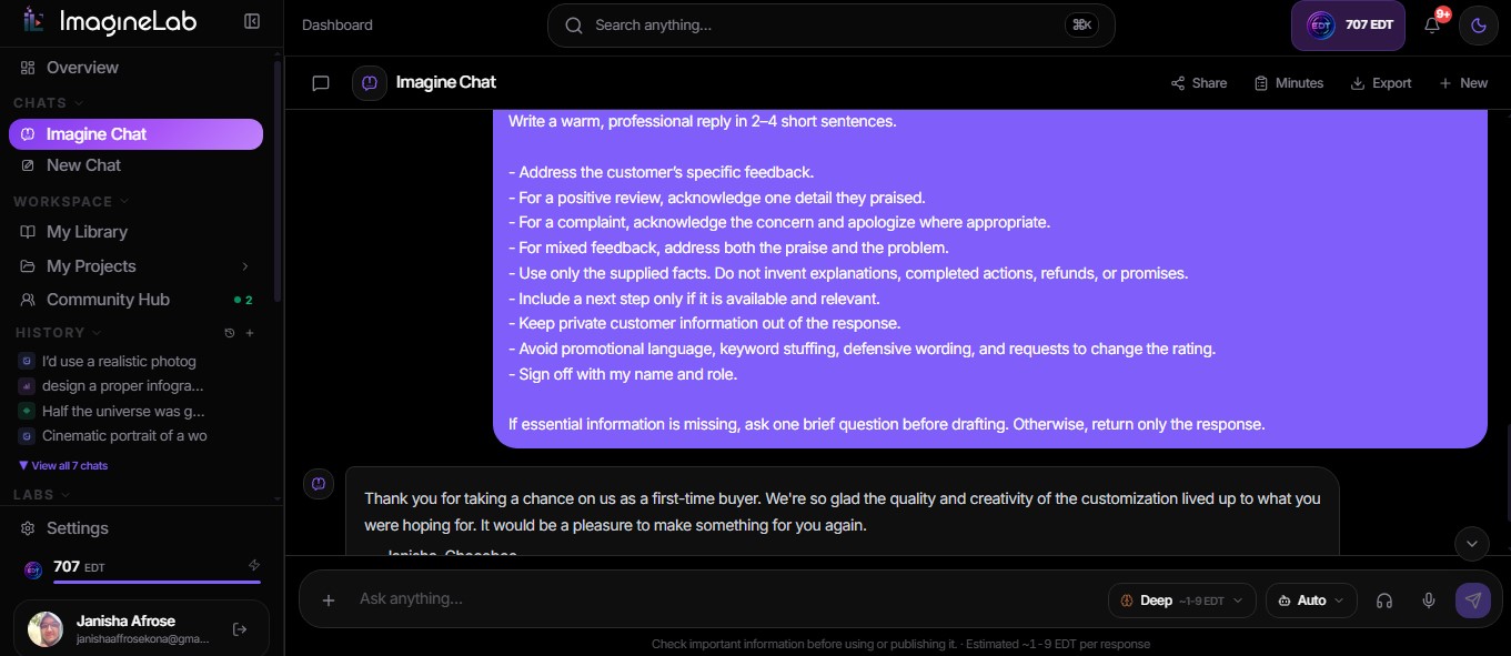 Using Imagine chat to write customer review response