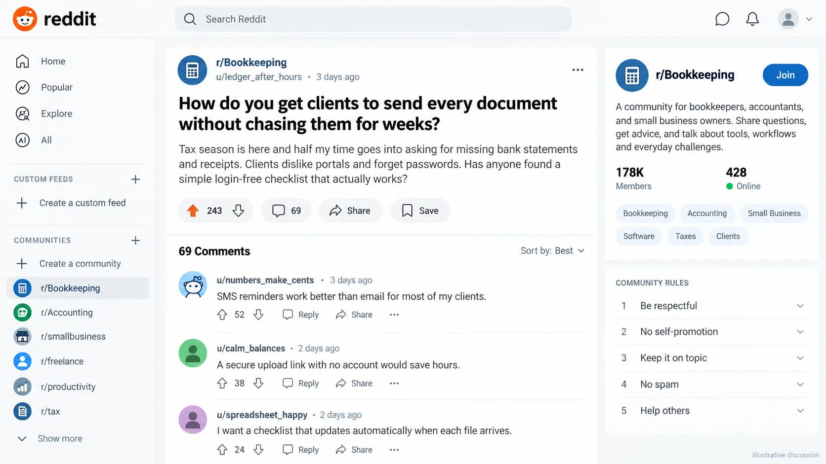 bookkeepers discuss missing document solutions on Reddit thread