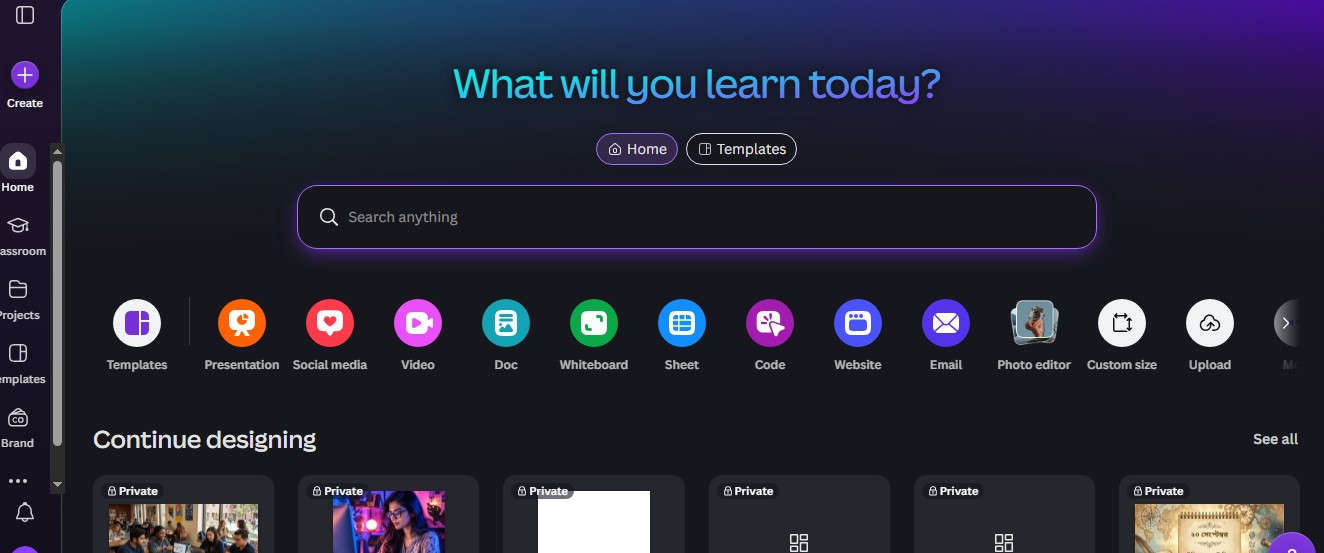 canva homepage