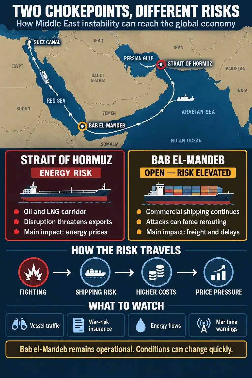 middle east global risk, two chokepoints different risks