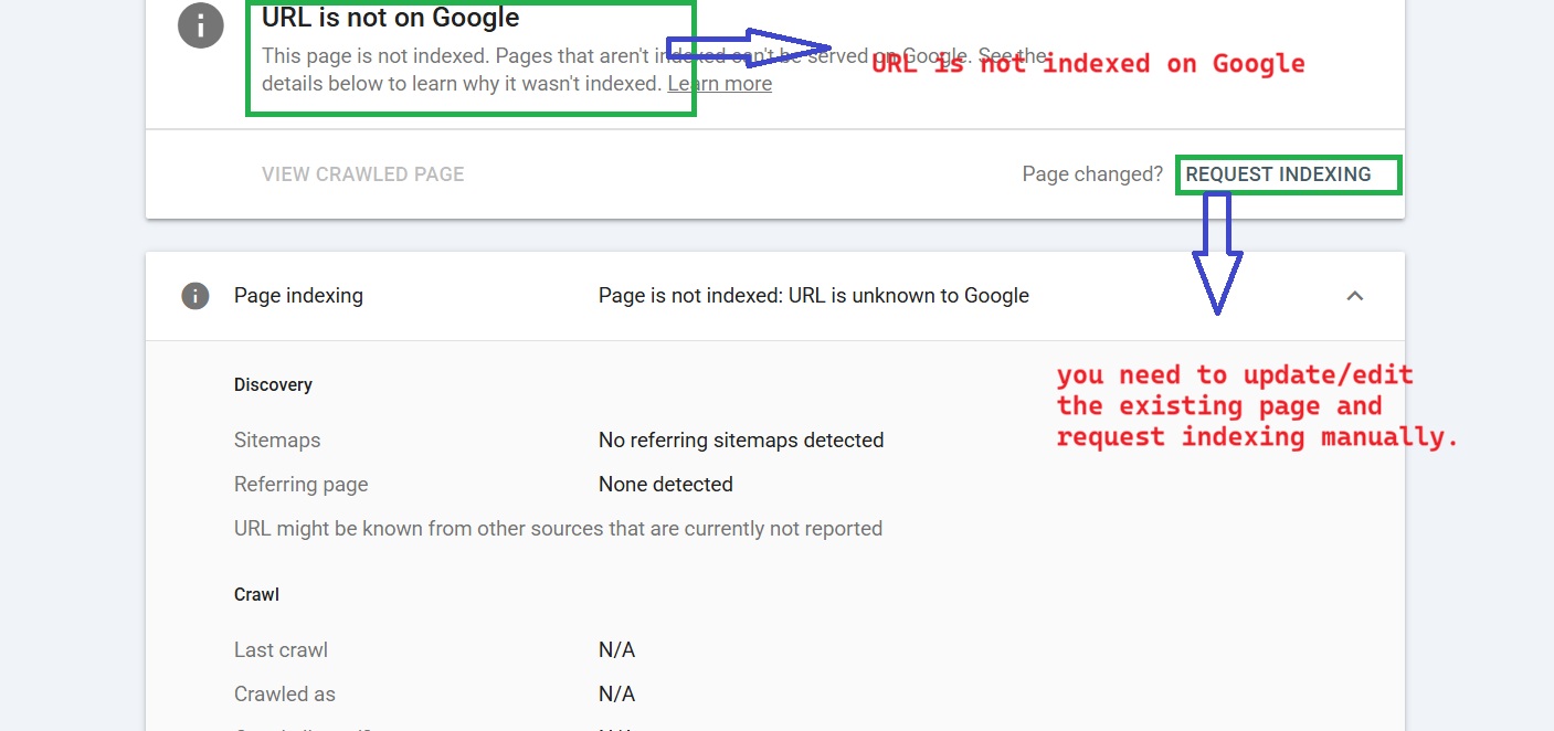 when page is not indexed you need to update the page content