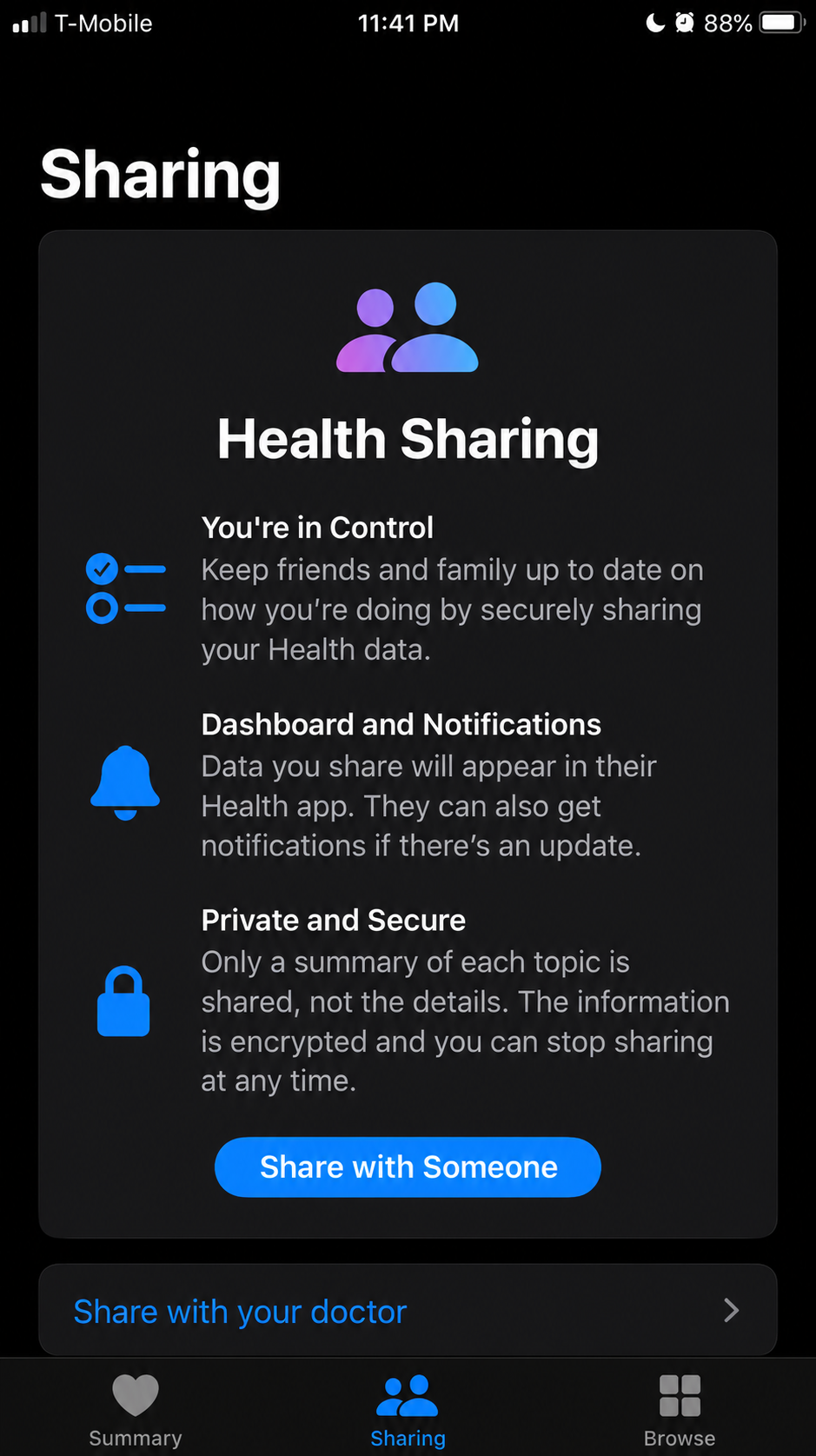 Apple Health Sharing screen