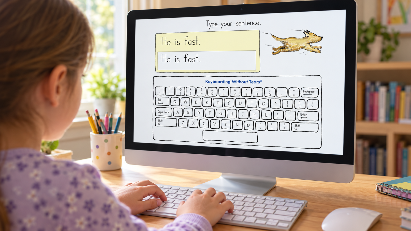 Child practices typing using typing without tears on desktop monitor