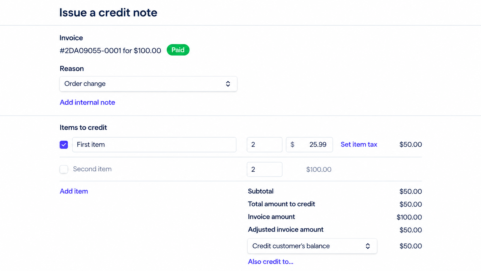 stripe billing: Clean credit note billing interface
