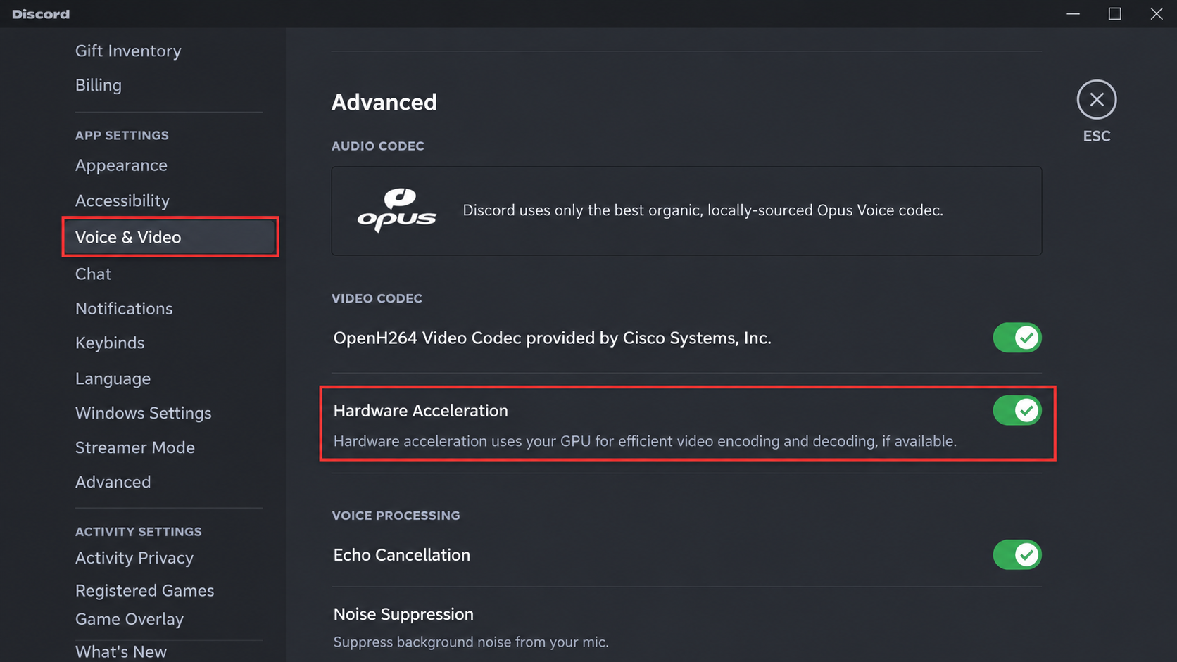 Discord Voice & Video settings screen