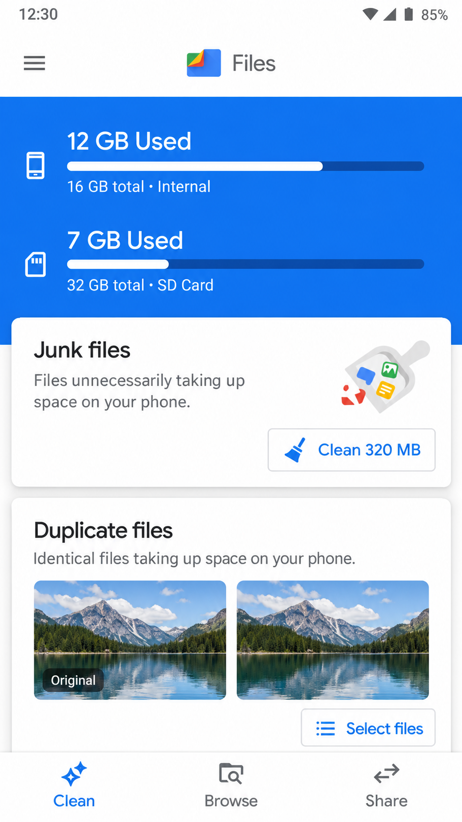 Files by Google cleanup screen