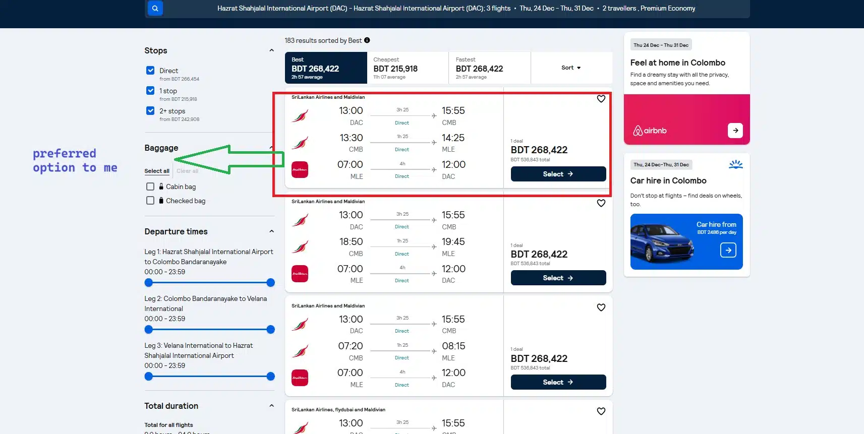 Flight booking option from skyscanner for DHK-COL-MAL-DHK trip