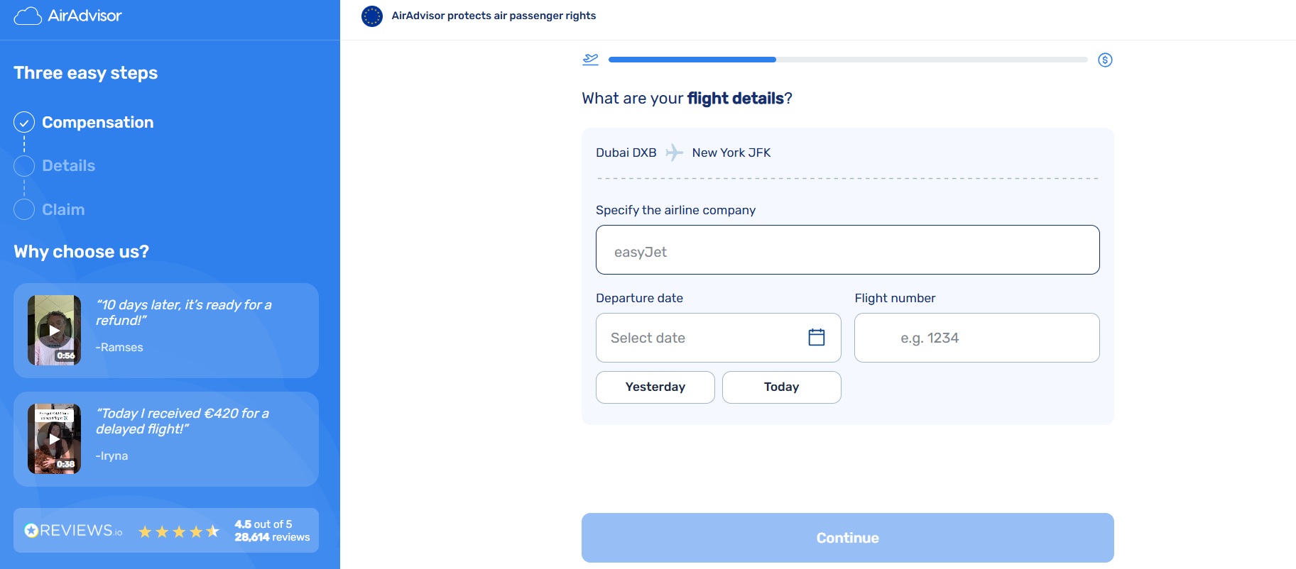 Flight delay compensation checker through AirAdvisor