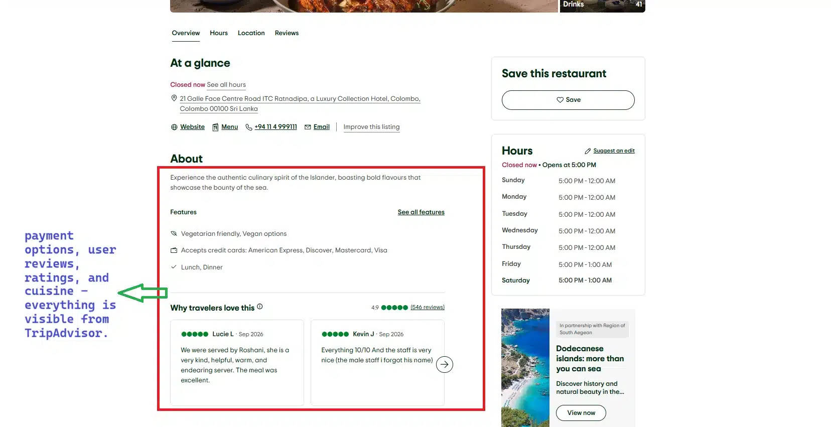Fooding option selection from TripAdvisor