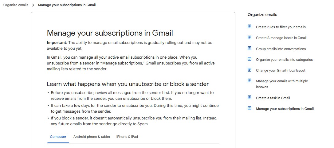 Gmail Manage Subscriptions