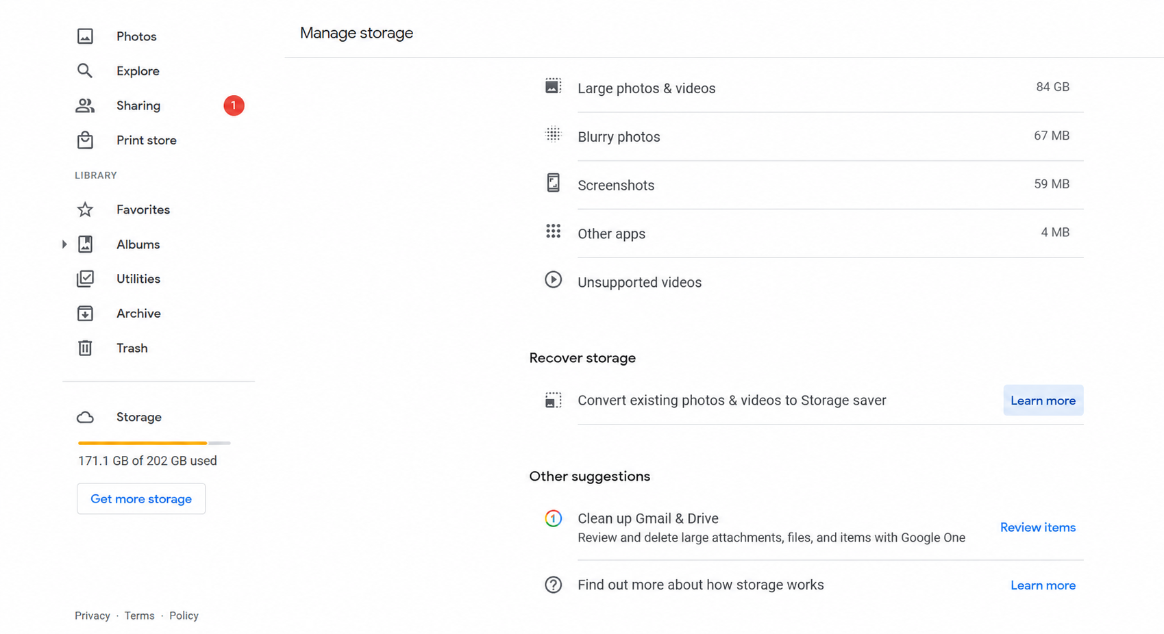 Google Photos storage management screen