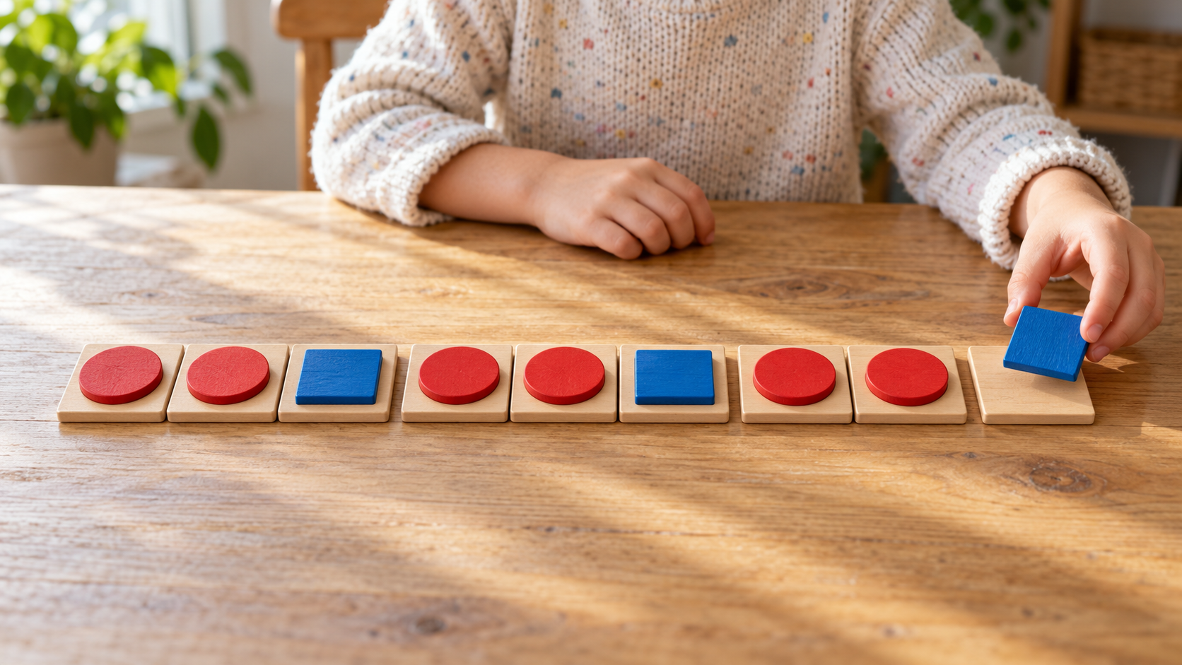 Hands Complete the Wooden Pattern Sequence