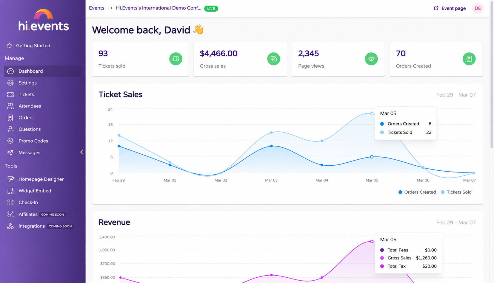 Hi.events organizer dashboard overview