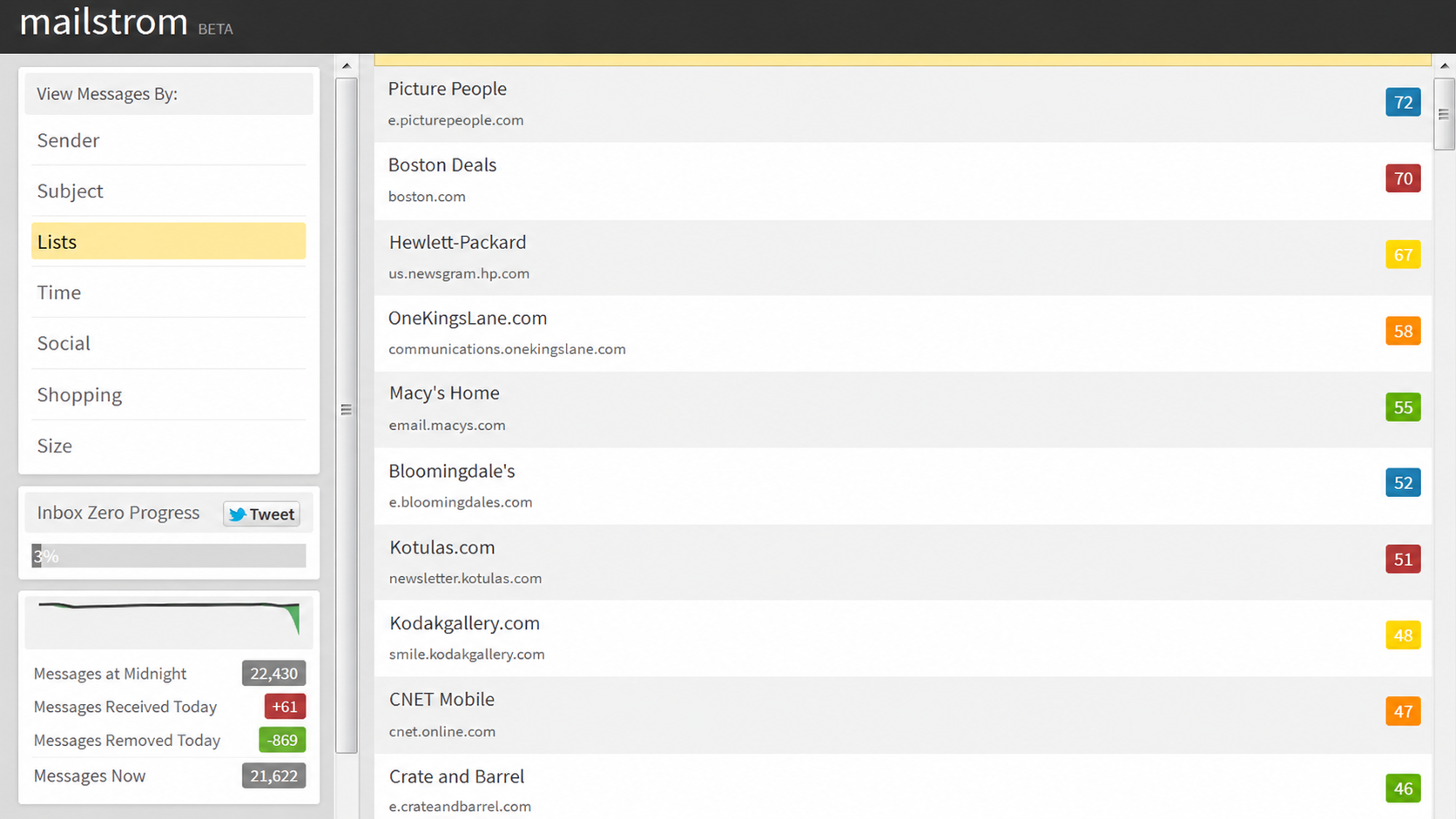Mailstrom Lists view with sender badges