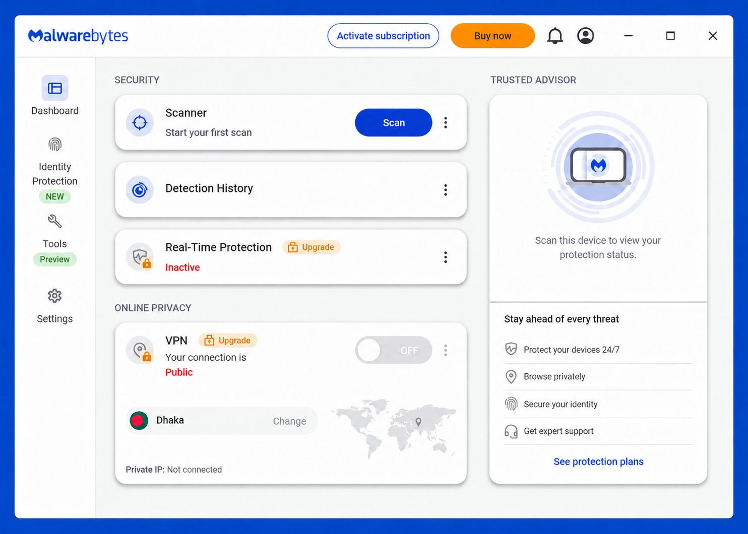 Malwarebytes free account dashboard