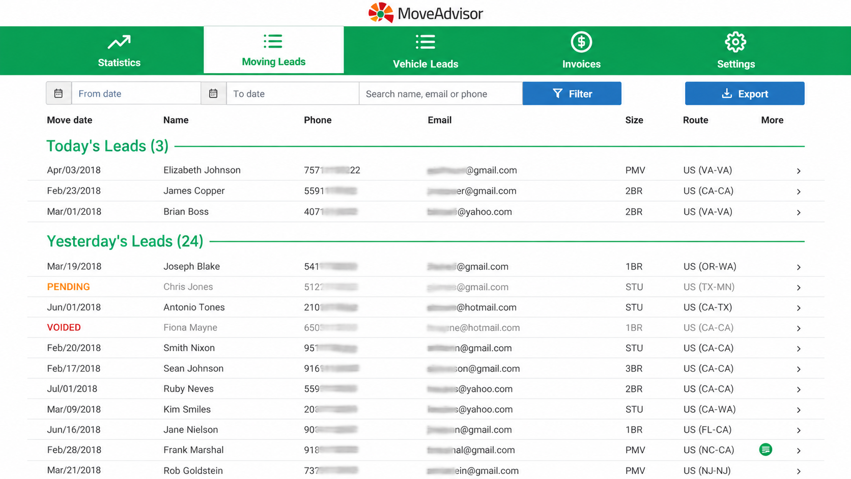 MoveAdvisor Moving Leads Dashboard