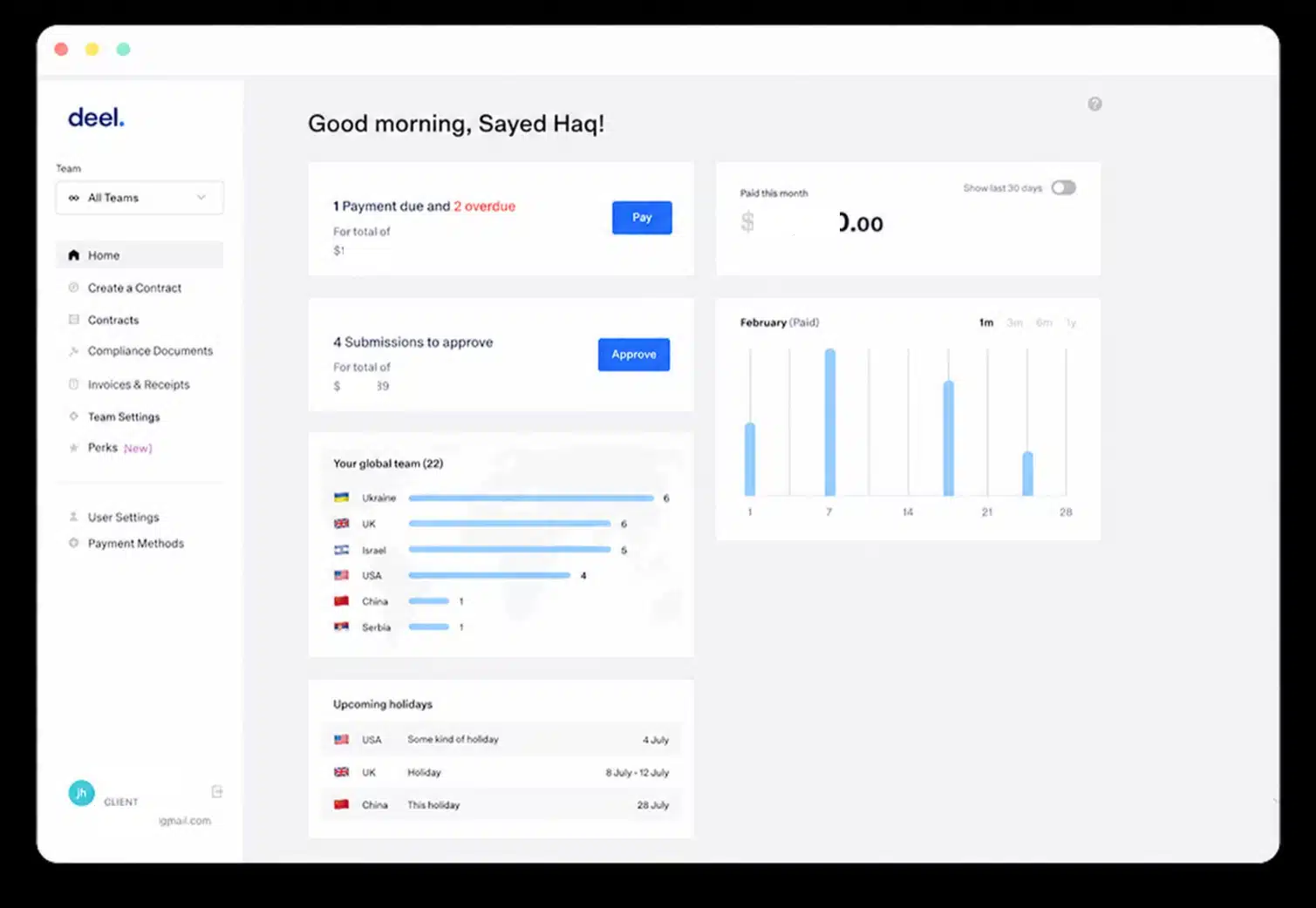 My Deel dashboard with payments update