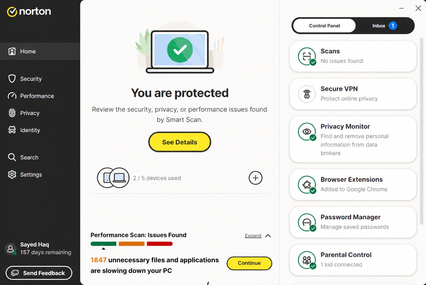 Norton personal dashboard with stats