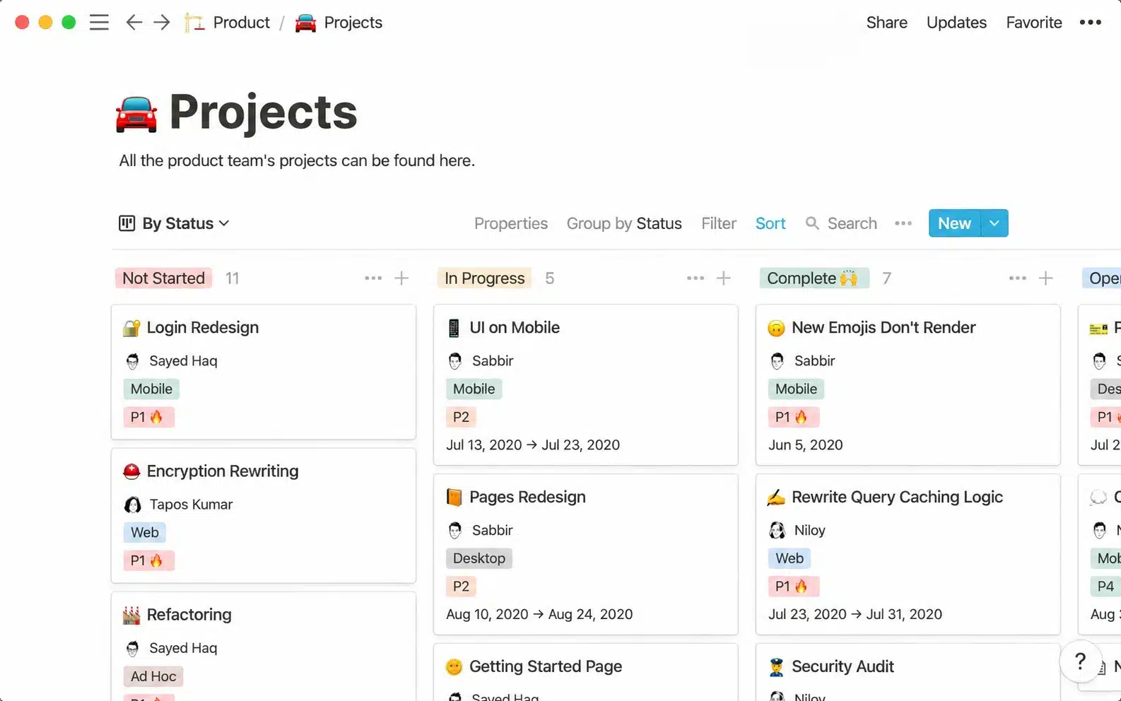 Notion projects dashboard with assignees