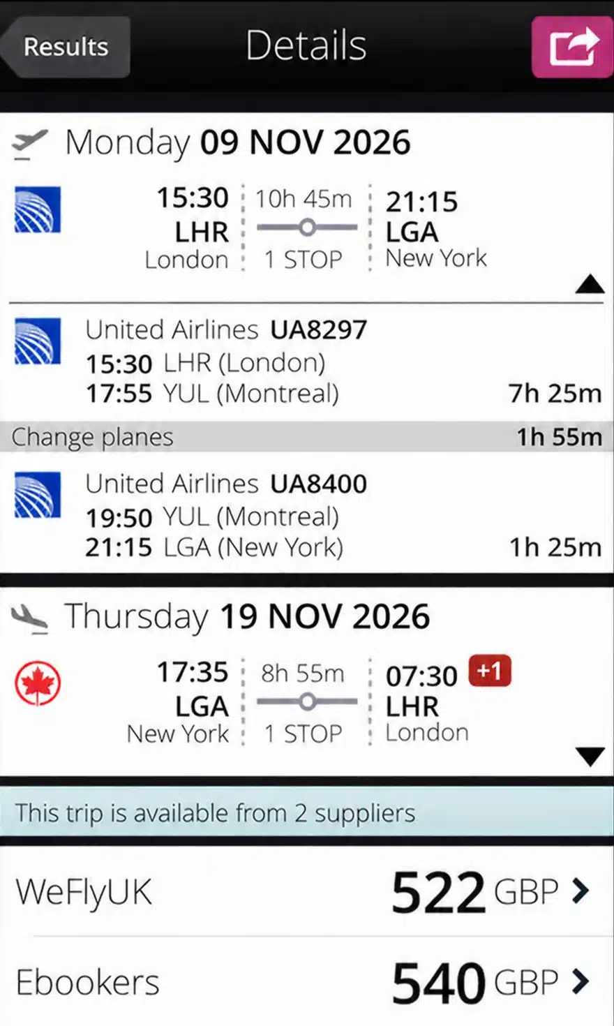 November 2026 flight options from london to new york round trip using Momondo app