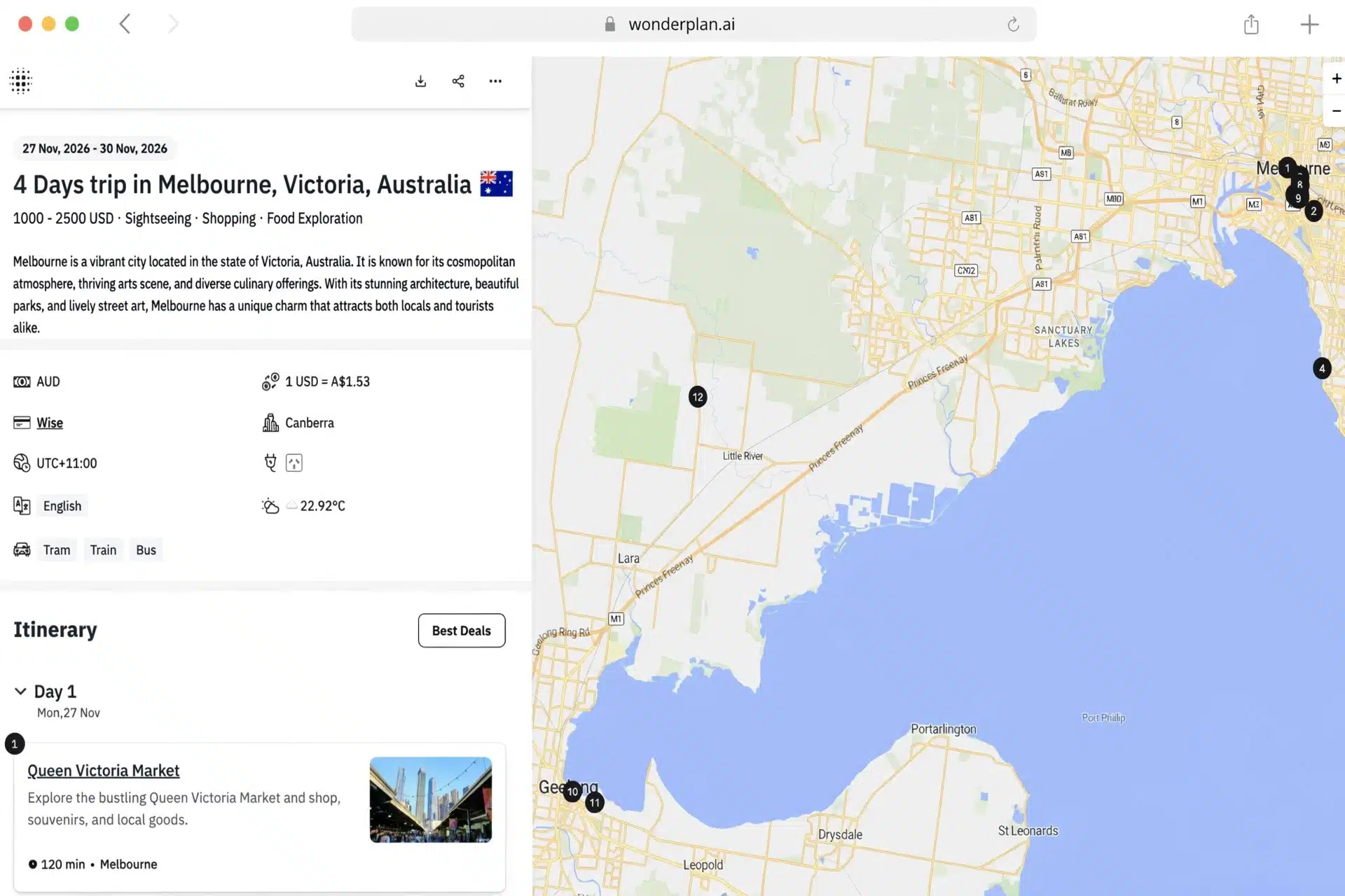 Planning a Trip to Melbourne in Australia using Wonderplan AI