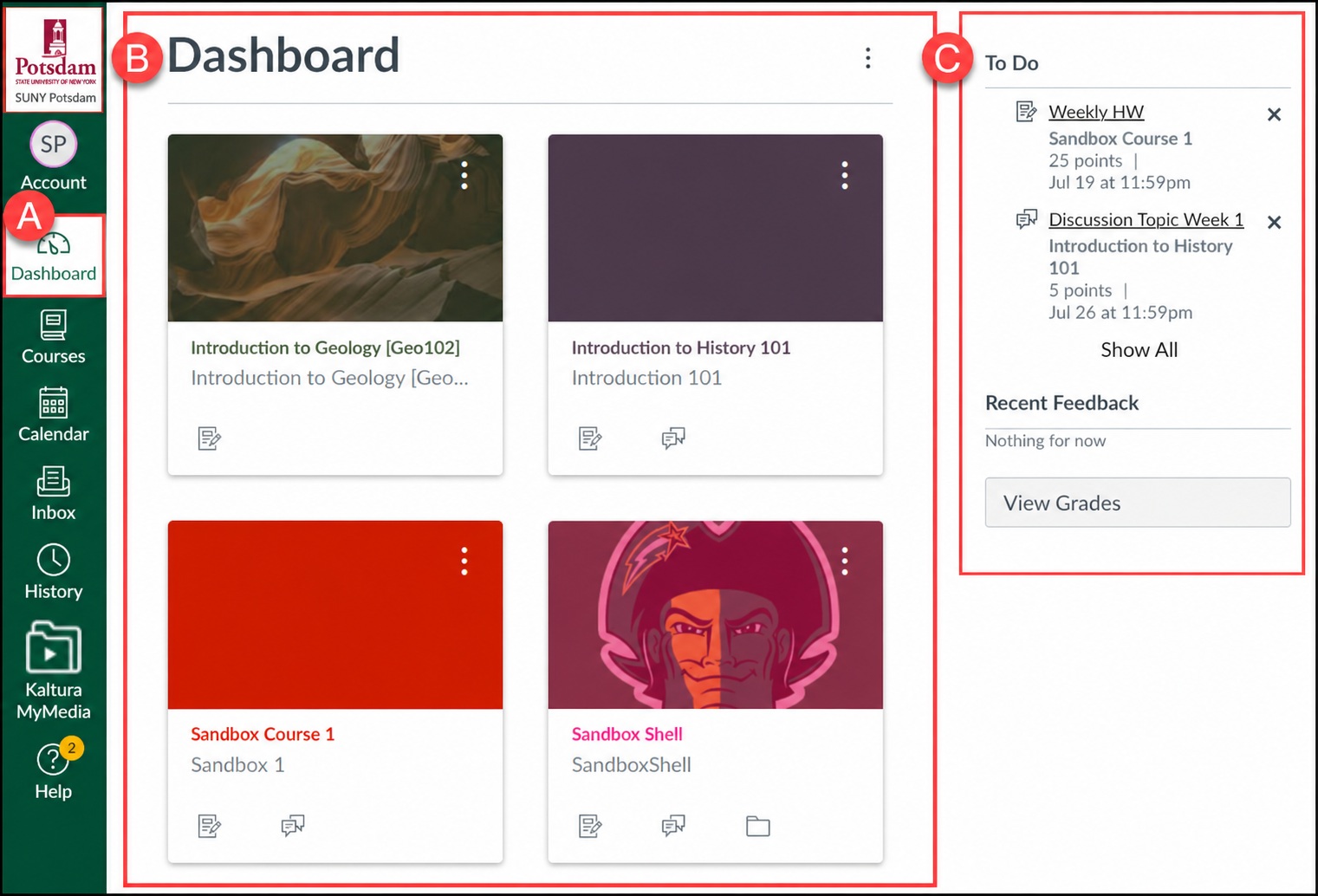 SUNY Potsdam Canvas Student dashboard