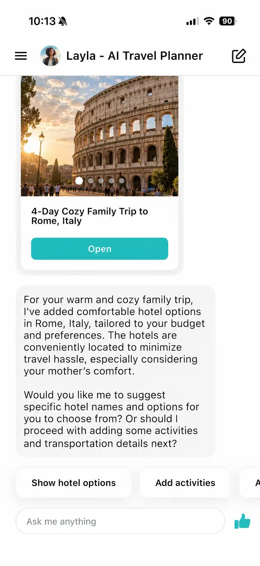 Searching Cozy Family Trip to Rome by Using Layla