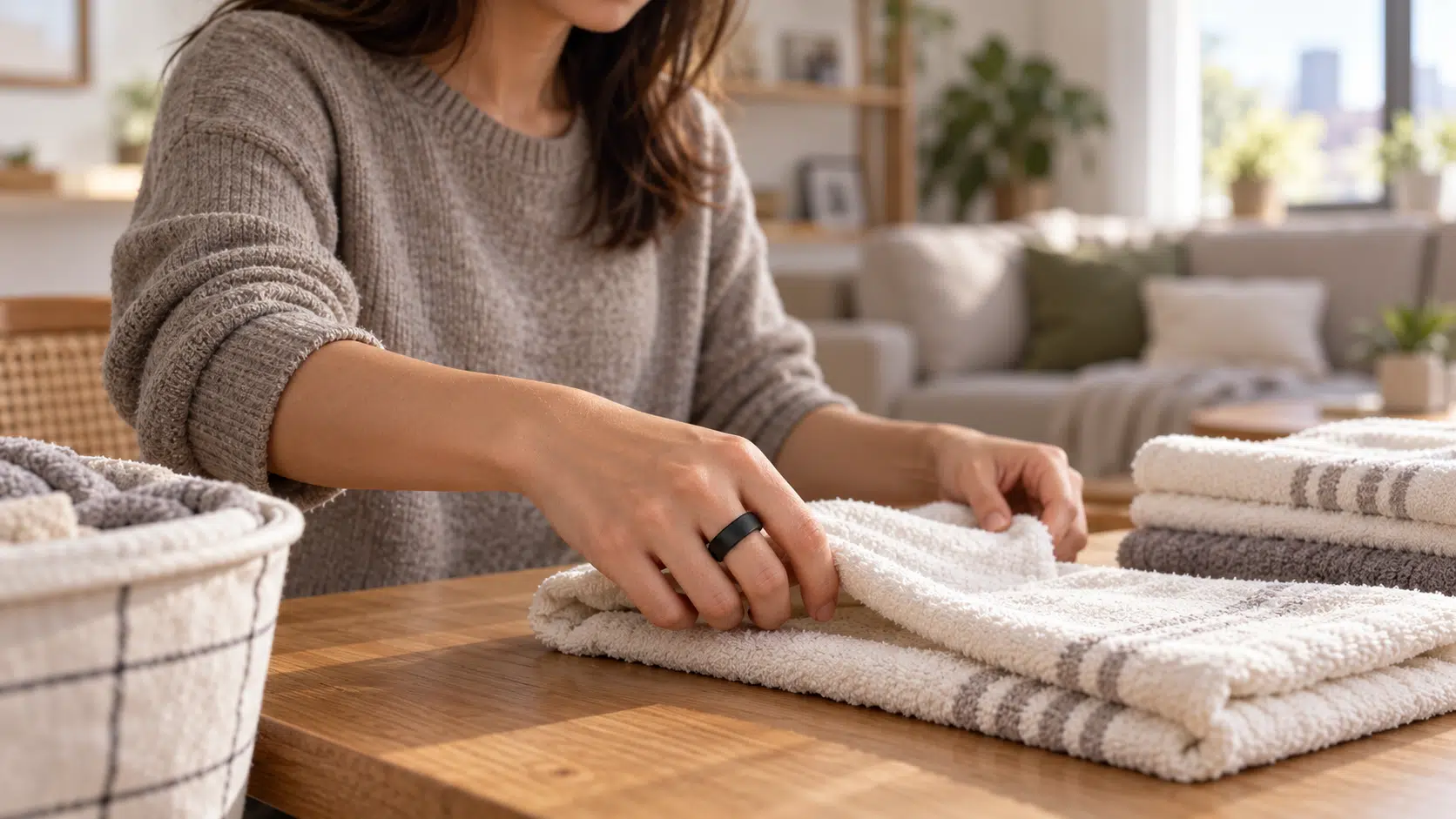 wearing classic Smart ring during towel folding