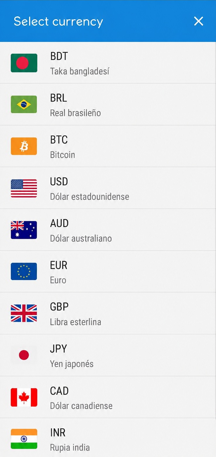Spanish currency selector with global flags in easy currency converter