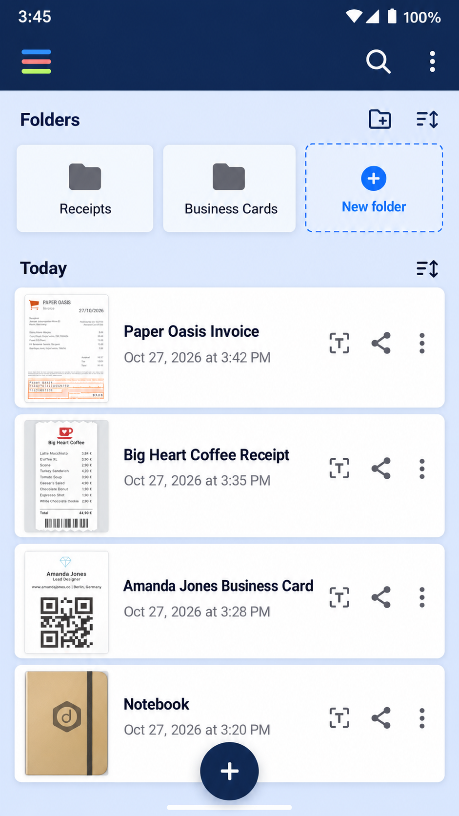 SwiftScan Archive of Receipts and Cards