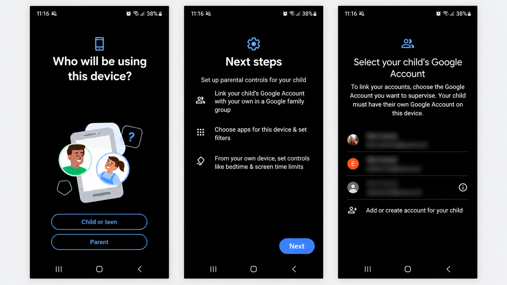 Three-panel Google Family Link setup