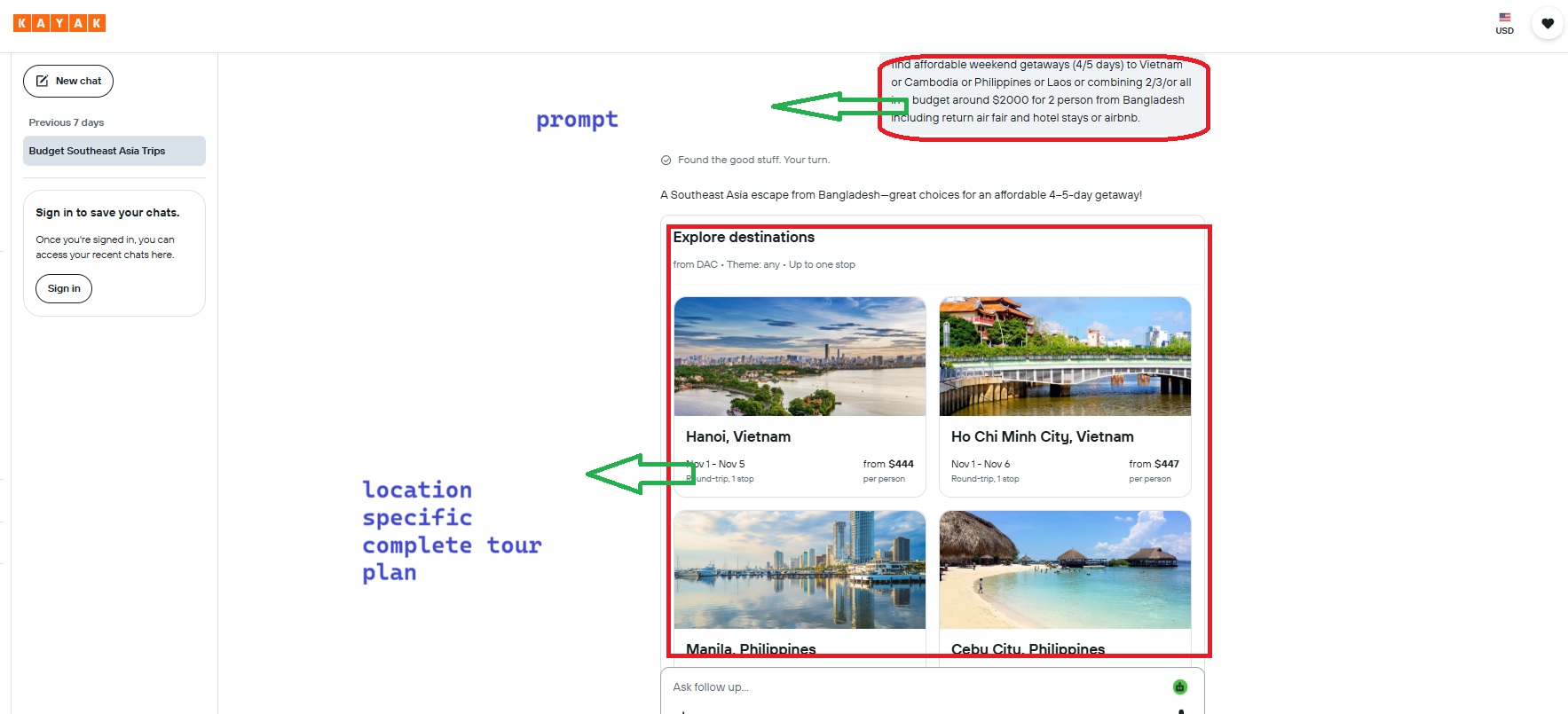 Tour planning using Kayak AI