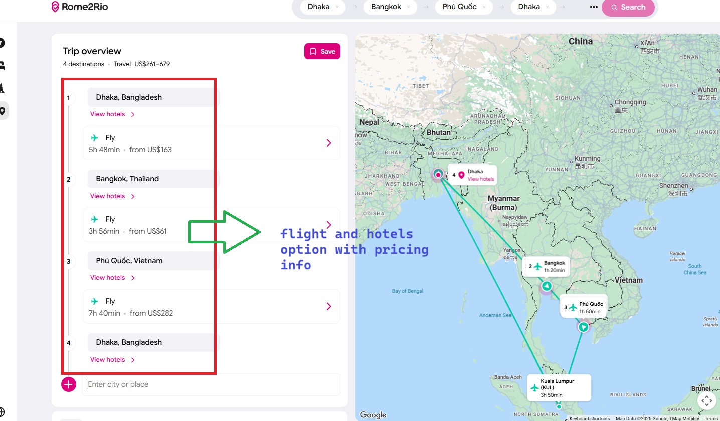 Trip planning using Rome2Rio