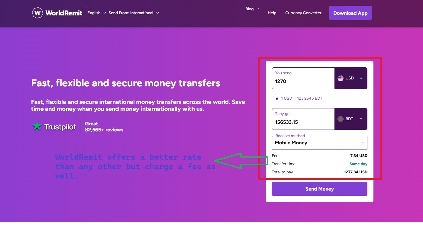 WorldRemit rate for money transfer in Bangladesh