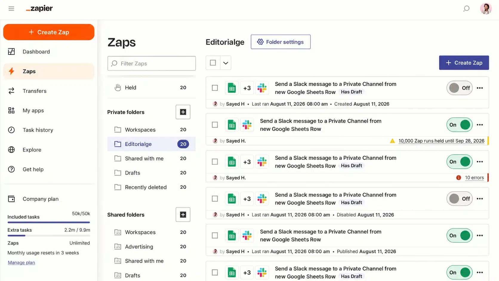 Zapier automation dashboard