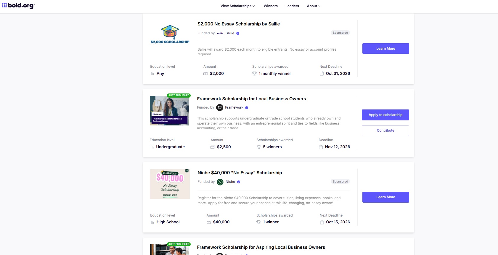 all scholarships opportunities from bold.org