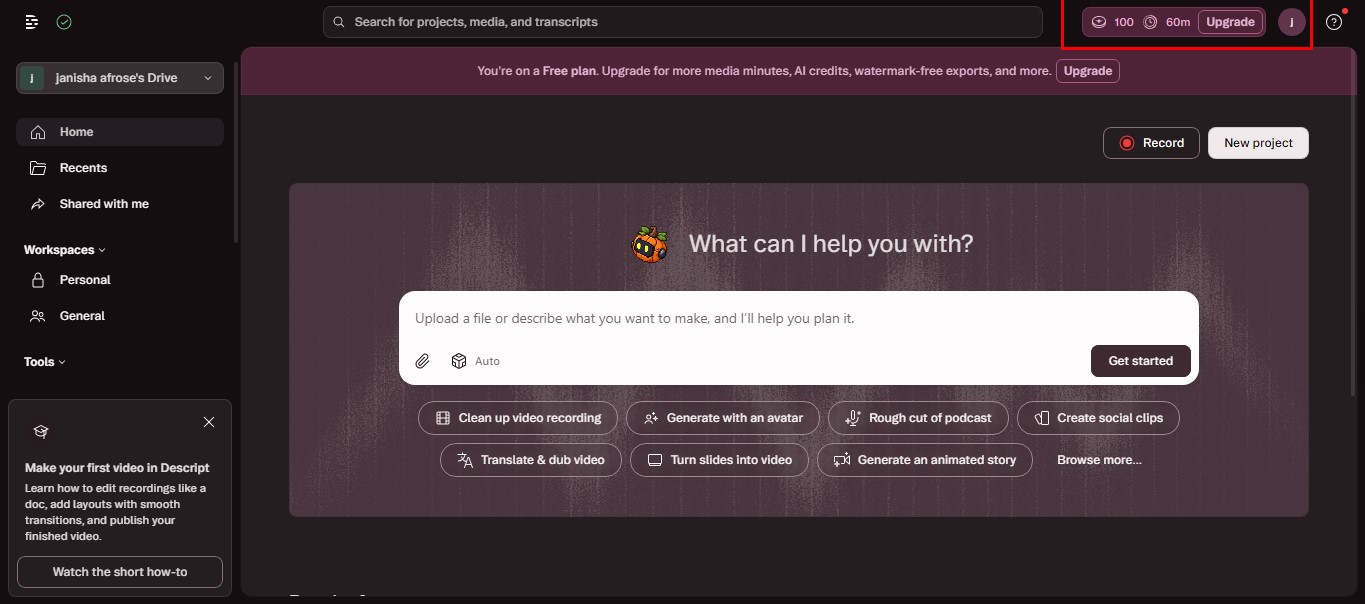 descript free plan dashboard
