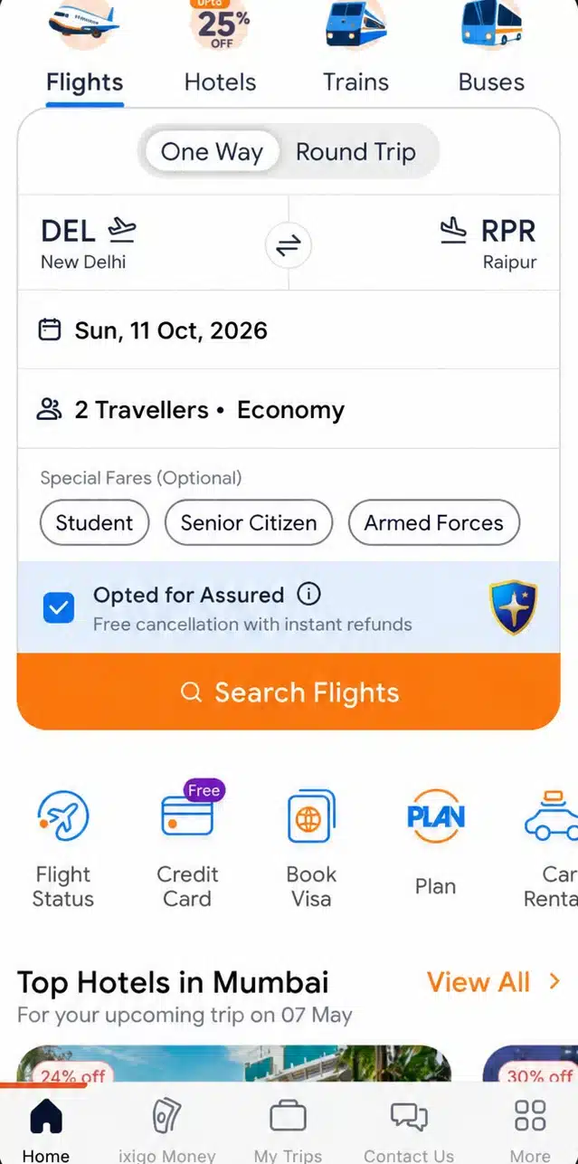 find flights in Ixigo flight app