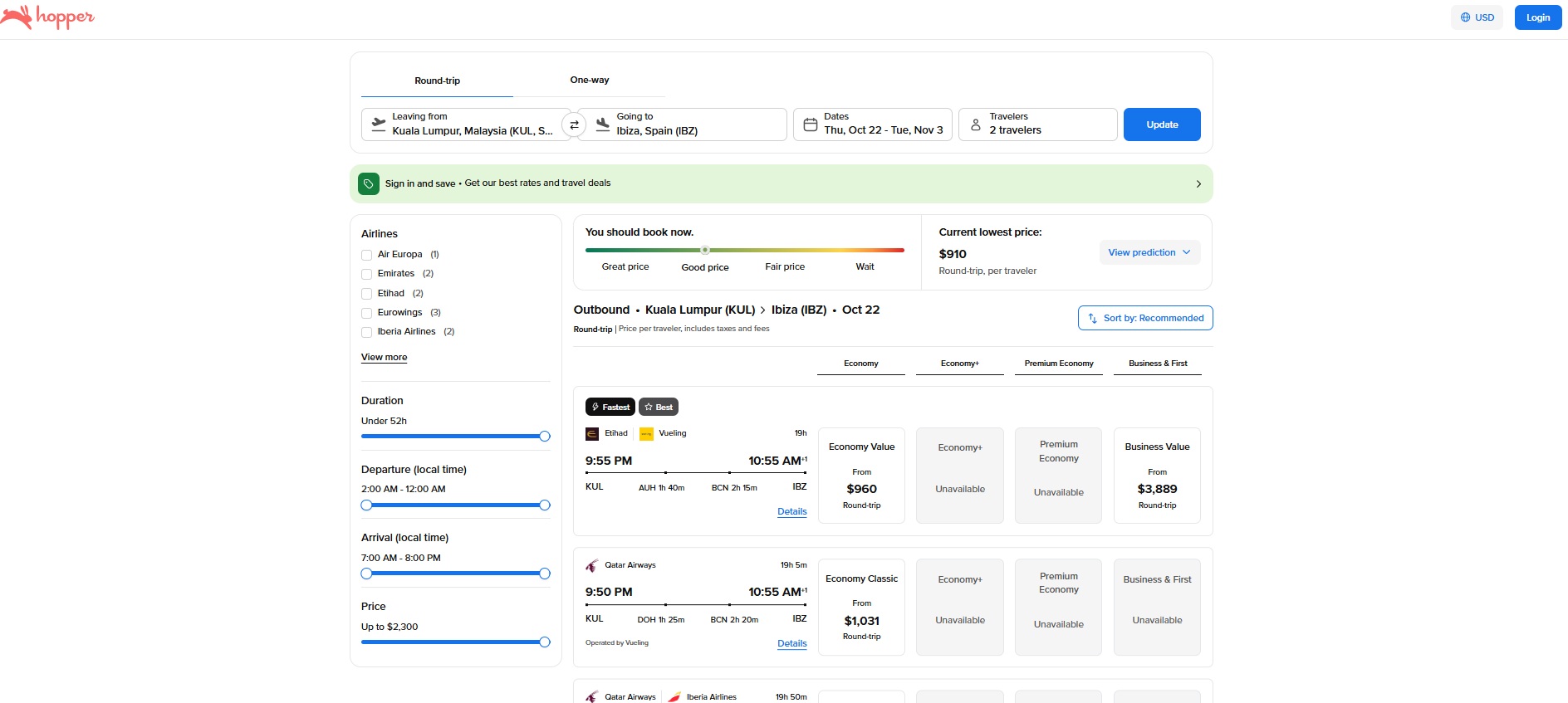 flight booking options check from kualalampur to ibiza using hopper