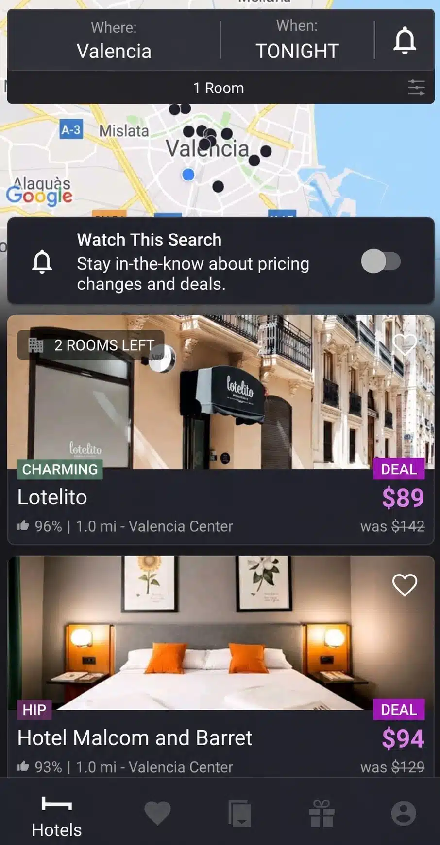 hotel deals with updated prices in hoteltonight app