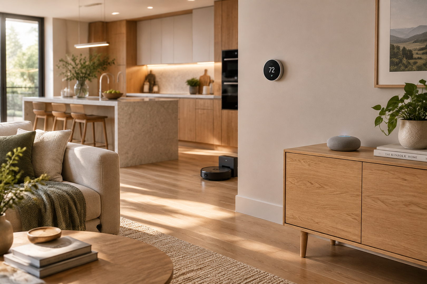 Modern living room seamlessly integrated with smart home devices including a wall thermostat and smart speaker.